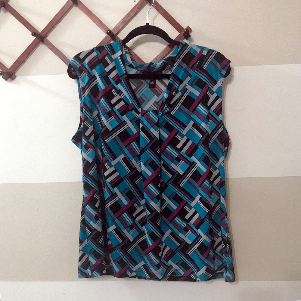 Dana Buchman Knot-Front Top XL Teal Geometric